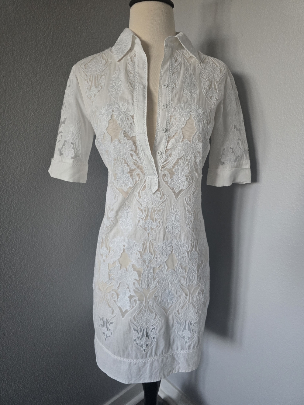 Elie Tahari Lace Embroidered White Cotton Shirt Dress $698 XS Small Bridal